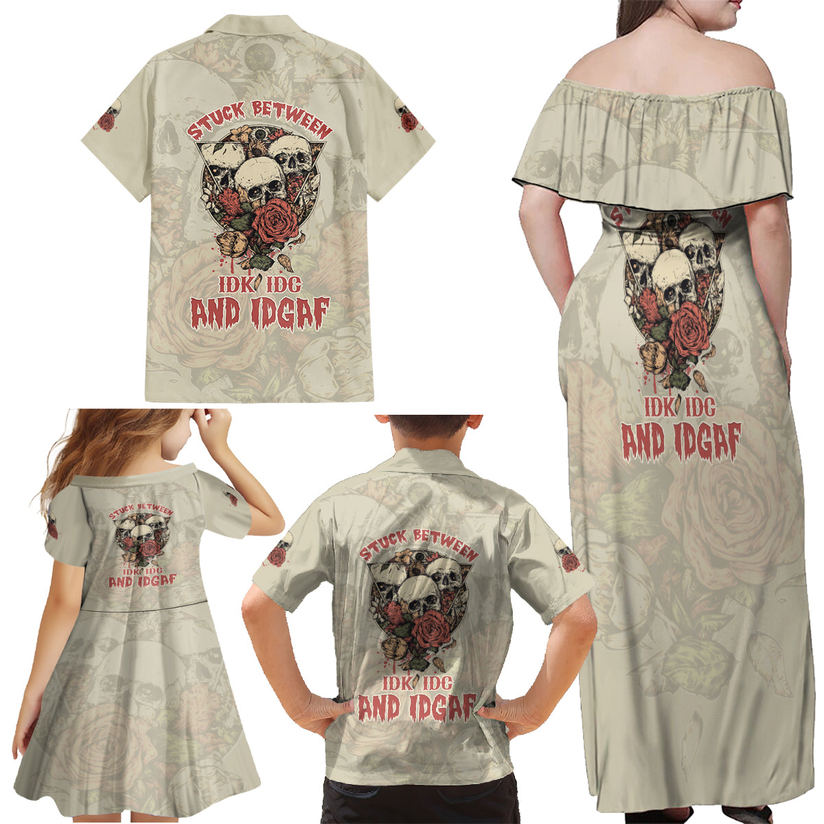 Stuck Between Idk Idc And Idgaf Skull Family Matching Off Shoulder Maxi Dress and Hawaiian Shirt - Wonder Print Shop