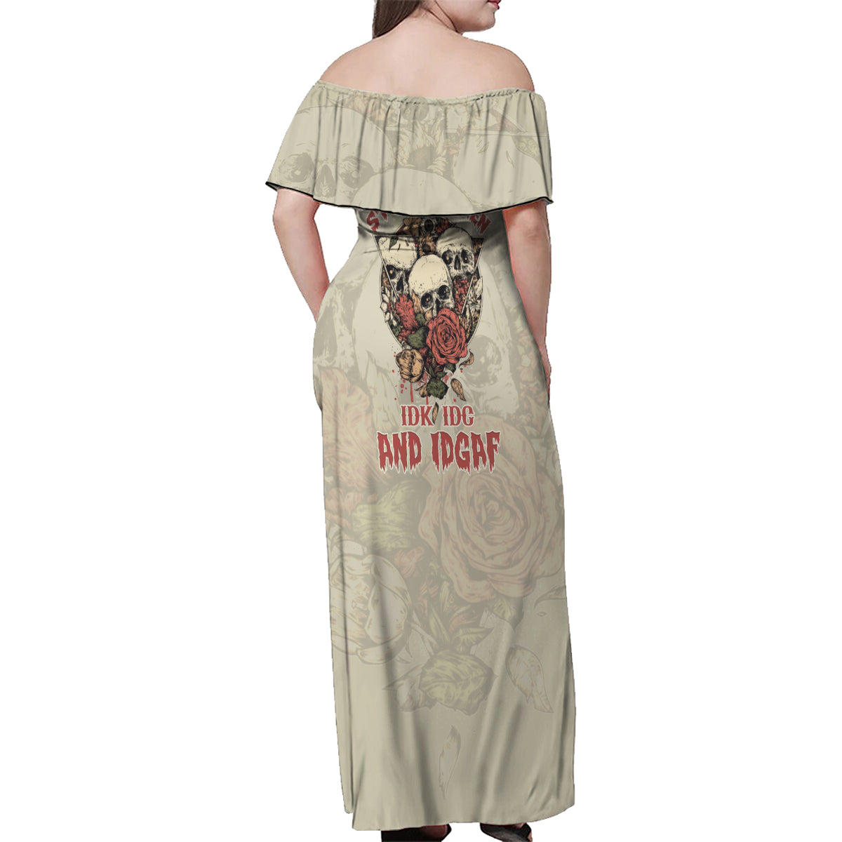 Stuck Between Idk Idc And Idgaf Skull Family Matching Off Shoulder Maxi Dress and Hawaiian Shirt - Wonder Print Shop