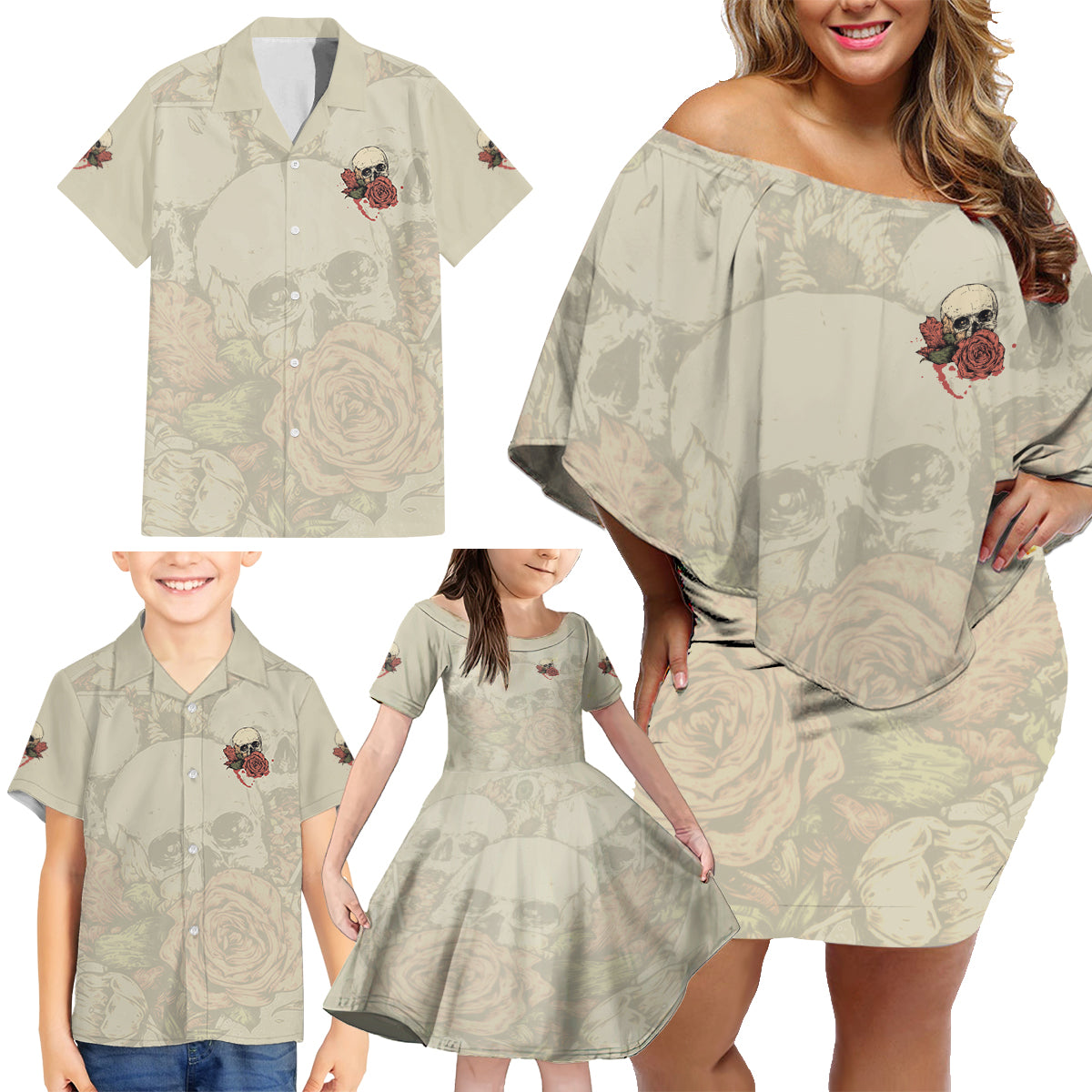 Stuck Between Idk Idc And Idgaf Skull Family Matching Off Shoulder Short Dress and Hawaiian Shirt - Wonder Print Shop