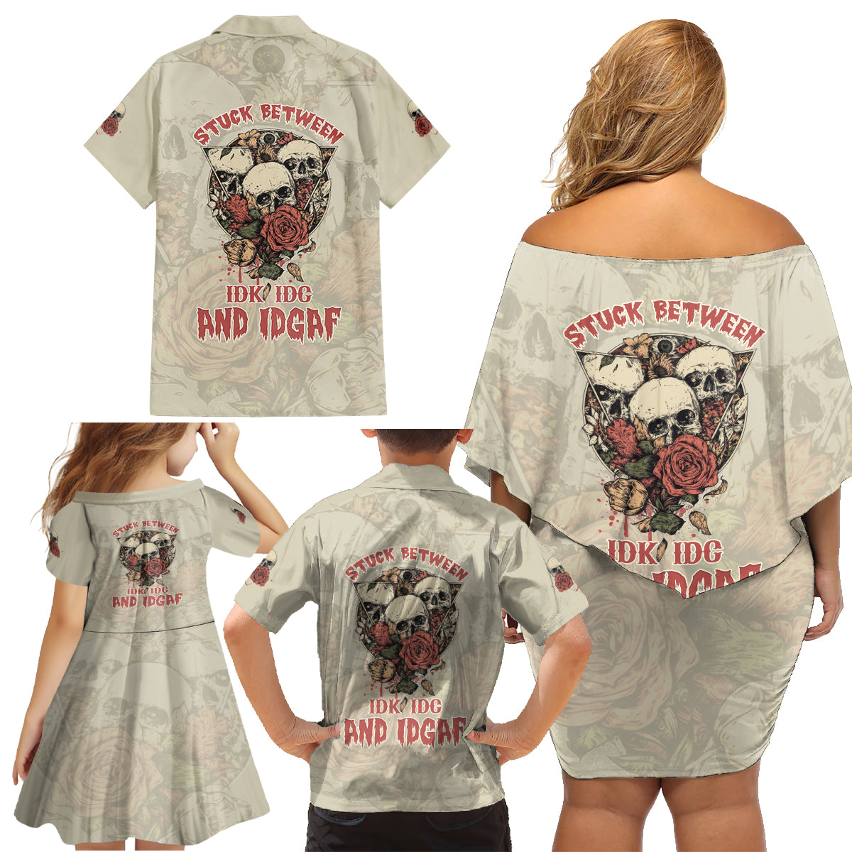 Stuck Between Idk Idc And Idgaf Skull Family Matching Off Shoulder Short Dress and Hawaiian Shirt - Wonder Print Shop