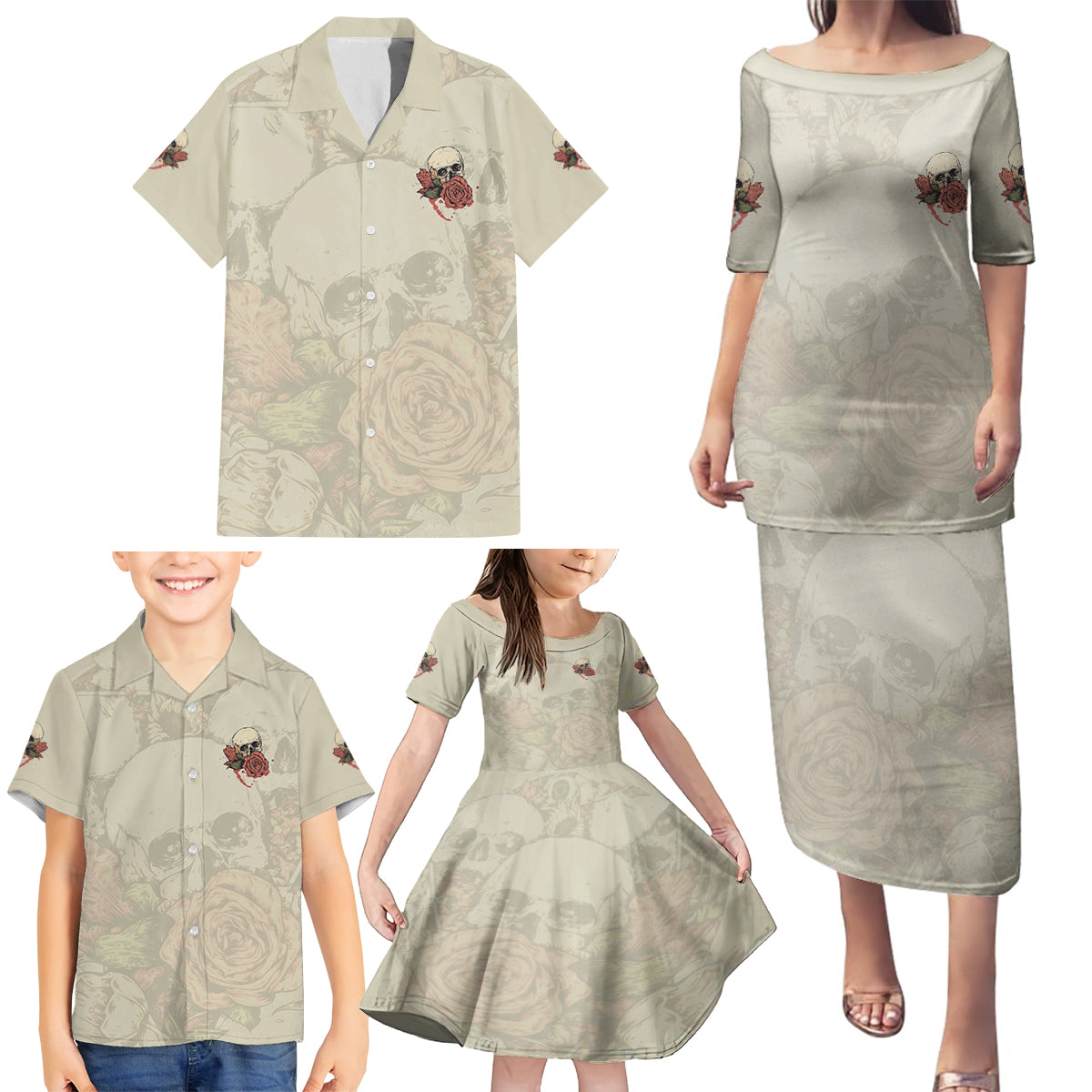 Stuck Between Idk Idc And Idgaf Skull Family Matching Puletasi Dress and Hawaiian Shirt - Wonder Print Shop