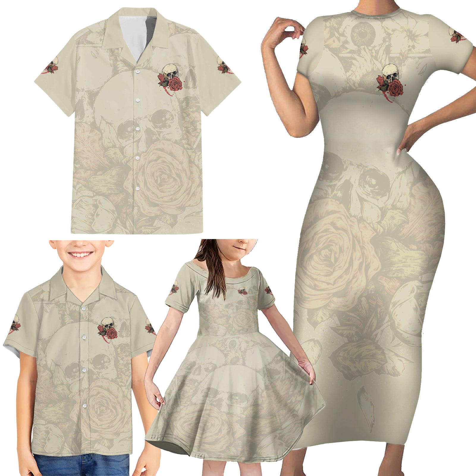 Stuck Between Idk Idc And Idgaf Skull Family Matching Short Sleeve Bodycon Dress and Hawaiian Shirt - Wonder Print Shop