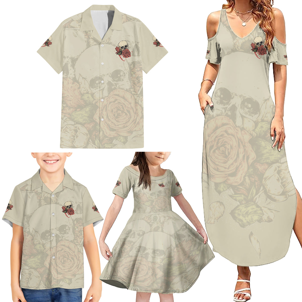 Stuck Between Idk Idc And Idgaf Skull Family Matching Summer Maxi Dress and Hawaiian Shirt - Wonder Print Shop