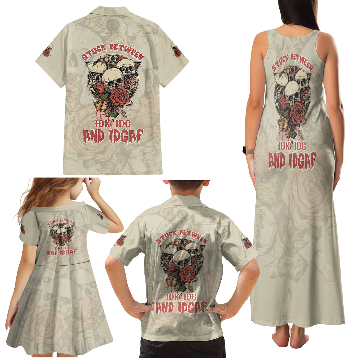 Stuck Between Idk Idc And Idgaf Skull Family Matching Tank Maxi Dress and Hawaiian Shirt - Wonder Print Shop