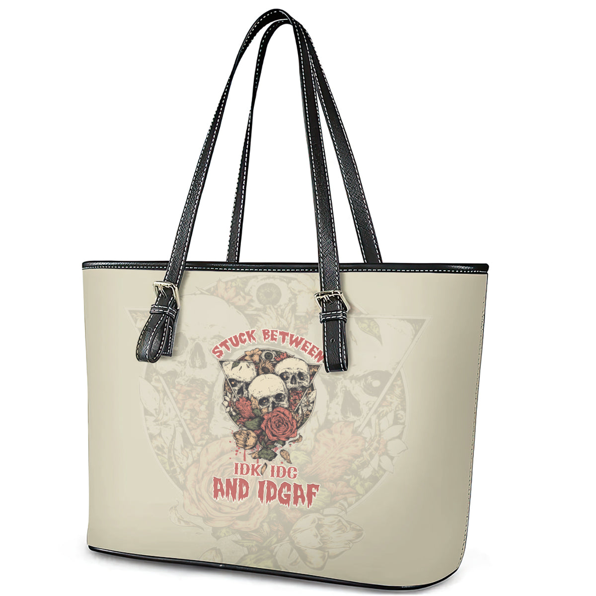Stuck Between Idk Idc And Idgaf Skull Leather Tote Bag - Wonder Print Shop