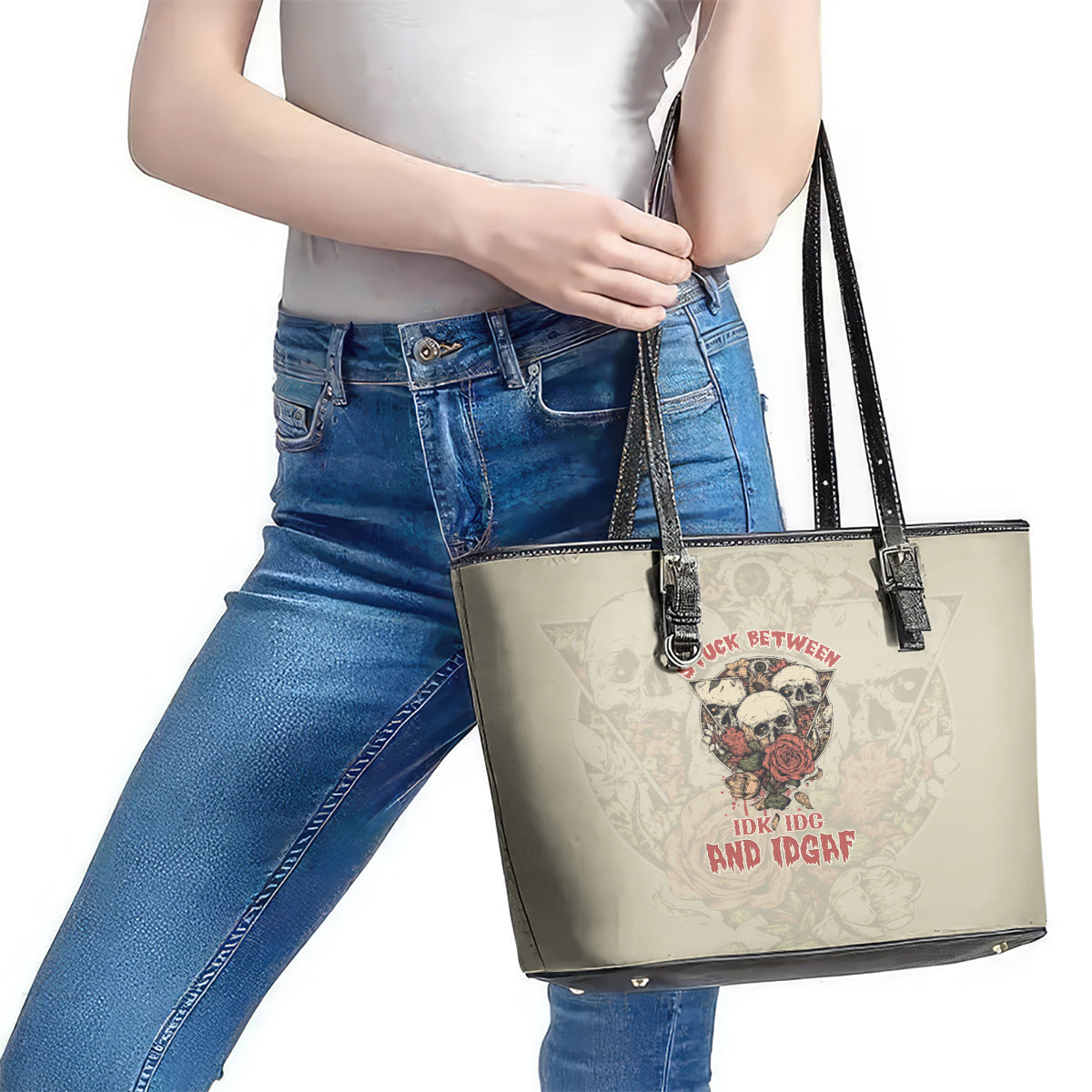 Stuck Between Idk Idc And Idgaf Skull Leather Tote Bag - Wonder Print Shop