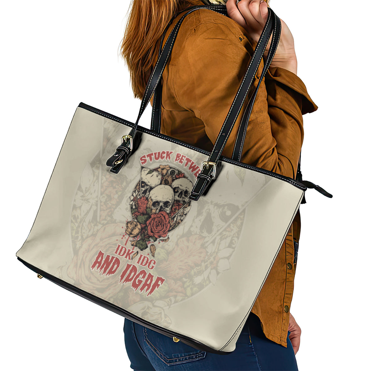 Stuck Between Idk Idc And Idgaf Skull Leather Tote Bag - Wonder Print Shop