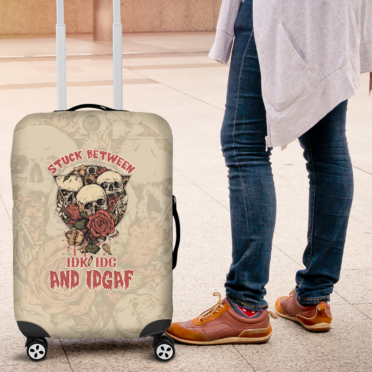 Stuck Between Idk Idc And Idgaf Skull Luggage Cover - Wonder Print Shop