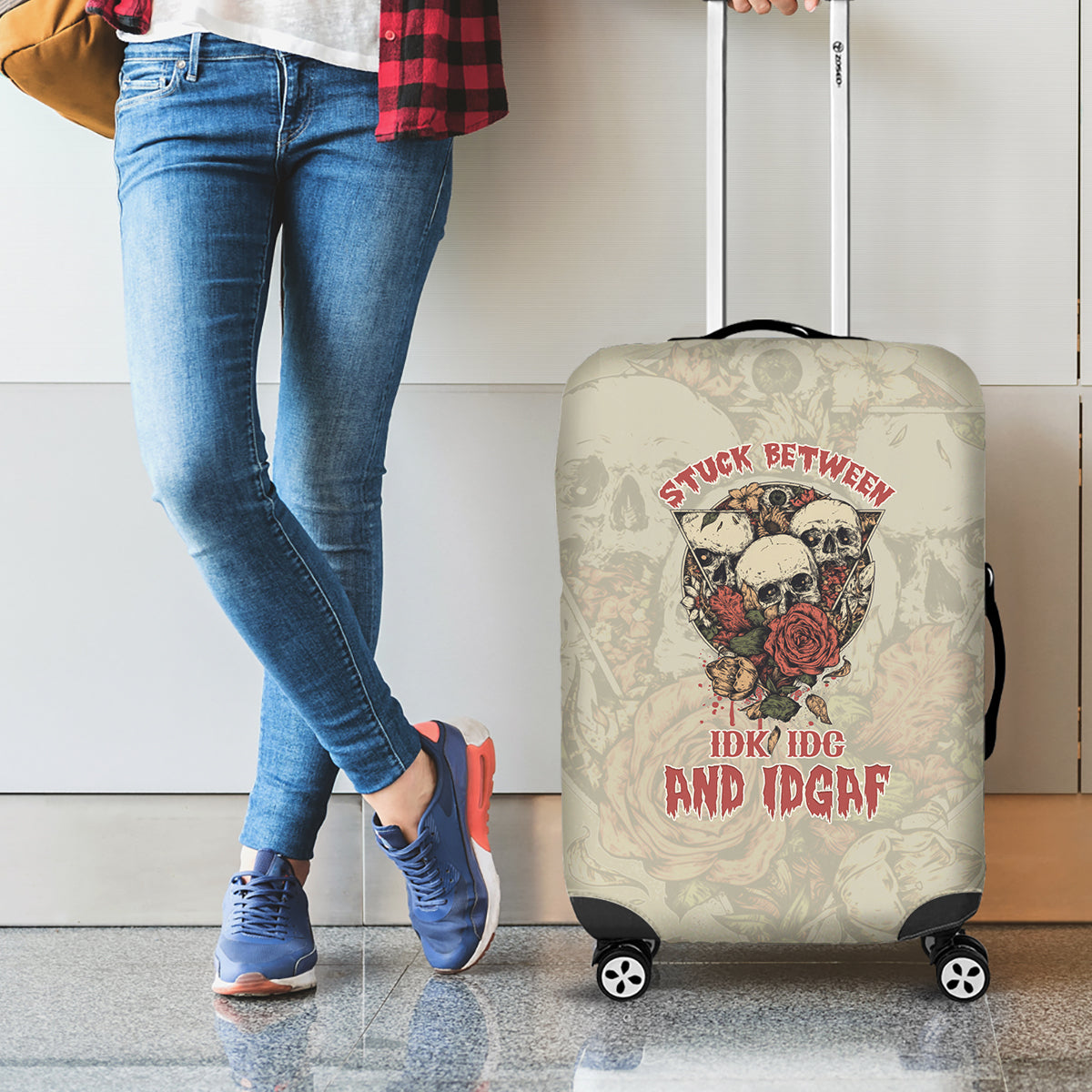 Stuck Between Idk Idc And Idgaf Skull Luggage Cover - Wonder Print Shop