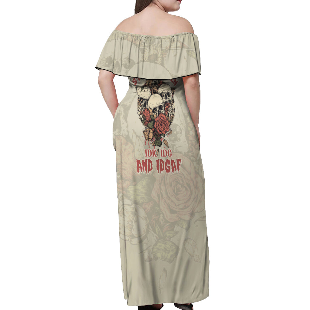 Stuck Between Idk Idc And Idgaf Skull Off Shoulder Maxi Dress - Wonder Print Shop