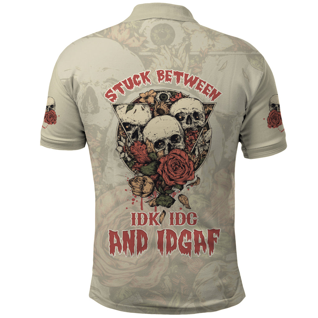Stuck Between Idk Idc And Idgaf Skull Polo Shirt - Wonder Print Shop