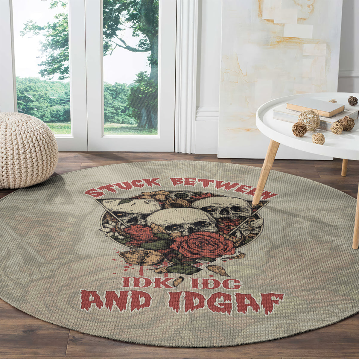 stuck-between-idk-idc-and-idgaf-skull-round-carpet