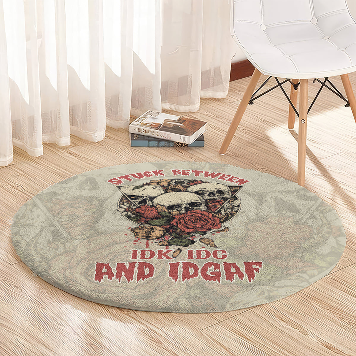 stuck-between-idk-idc-and-idgaf-skull-round-carpet