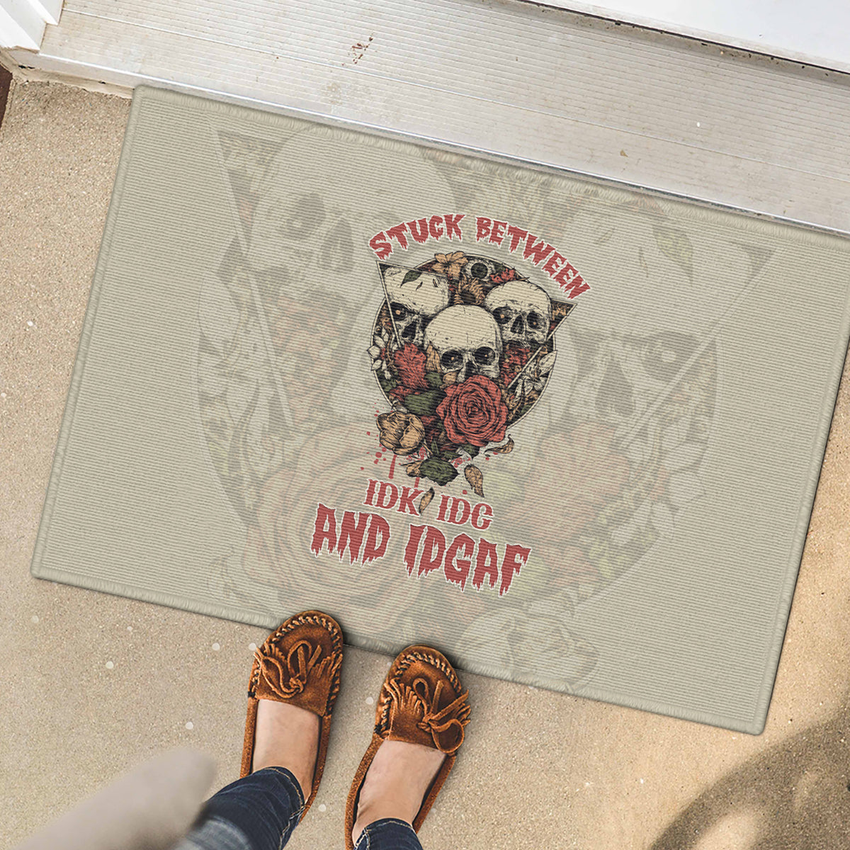 Stuck Between Idk Idc And Idgaf Skull Rubber Doormat - Wonder Print Shop