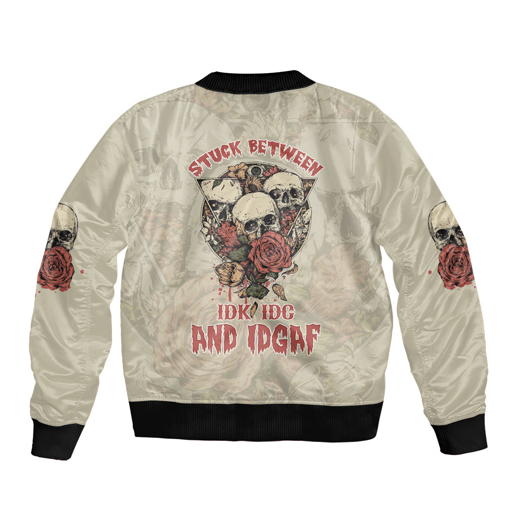 Stuck Between Idk Idc And Idgaf Skull Sleeve Zip Bomber Jacket - Wonder Print Shop