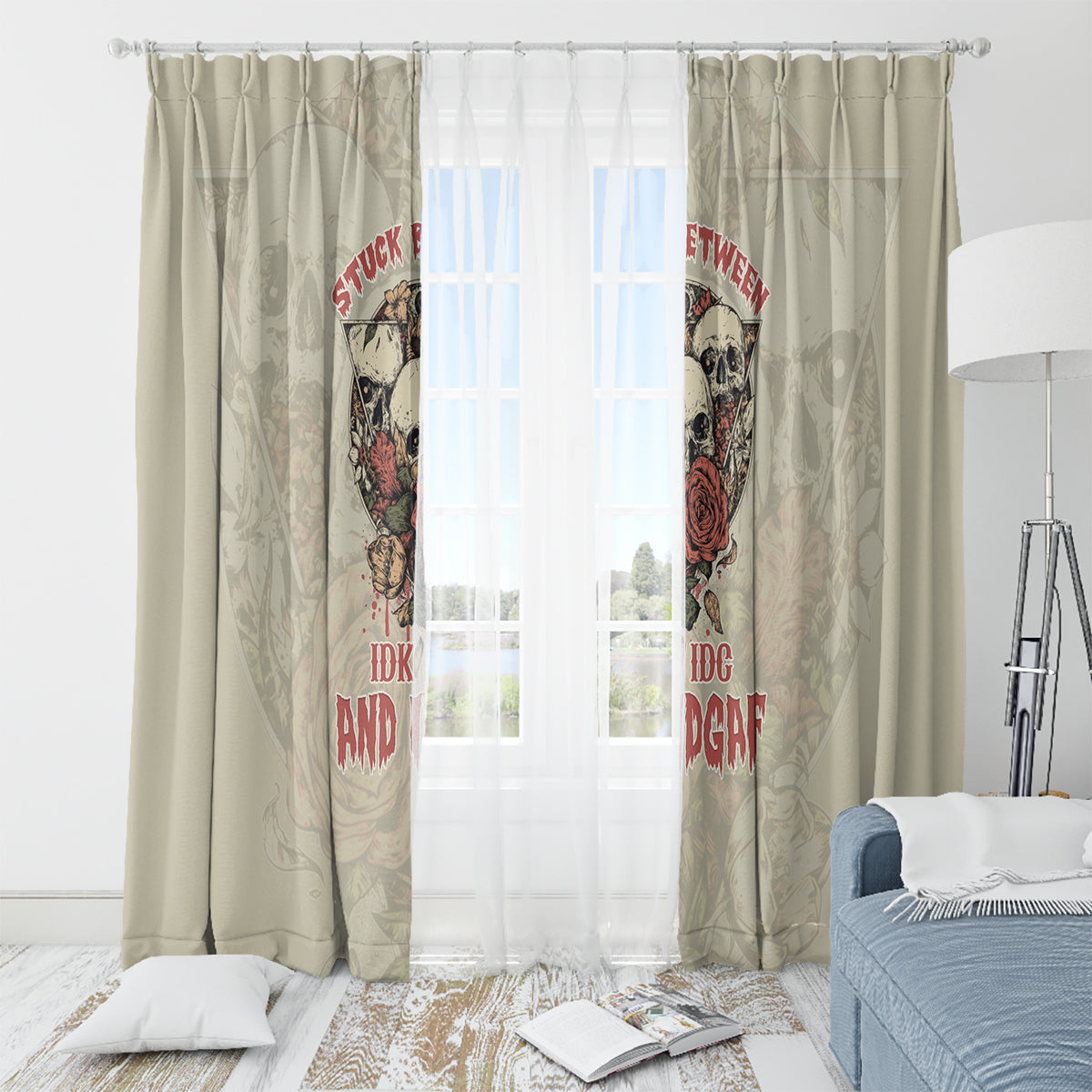 Stuck Between Idk Idc And Idgaf Skull Window Curtain - Wonder Print Shop