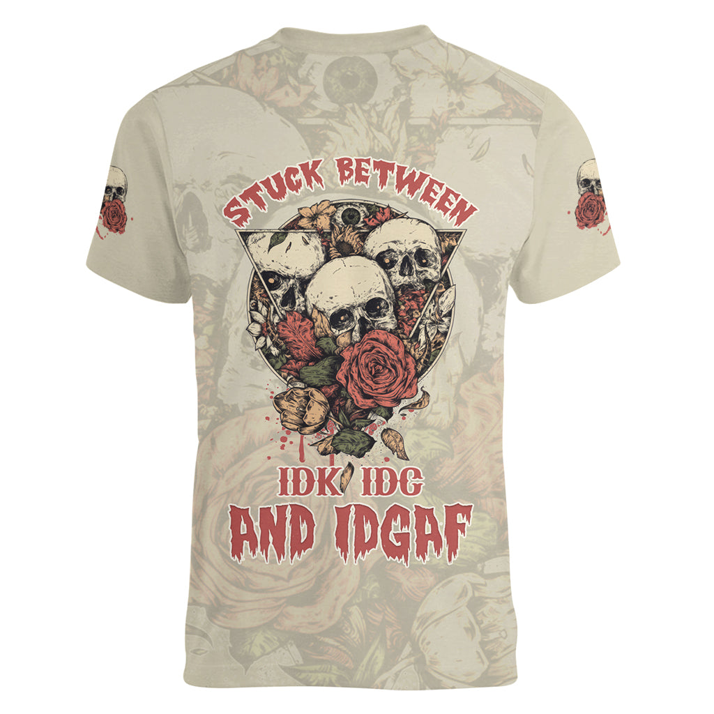 Stuck Between Idk Idc And Idgaf Skull Women V Neck T Shirt - Wonder Print Shop