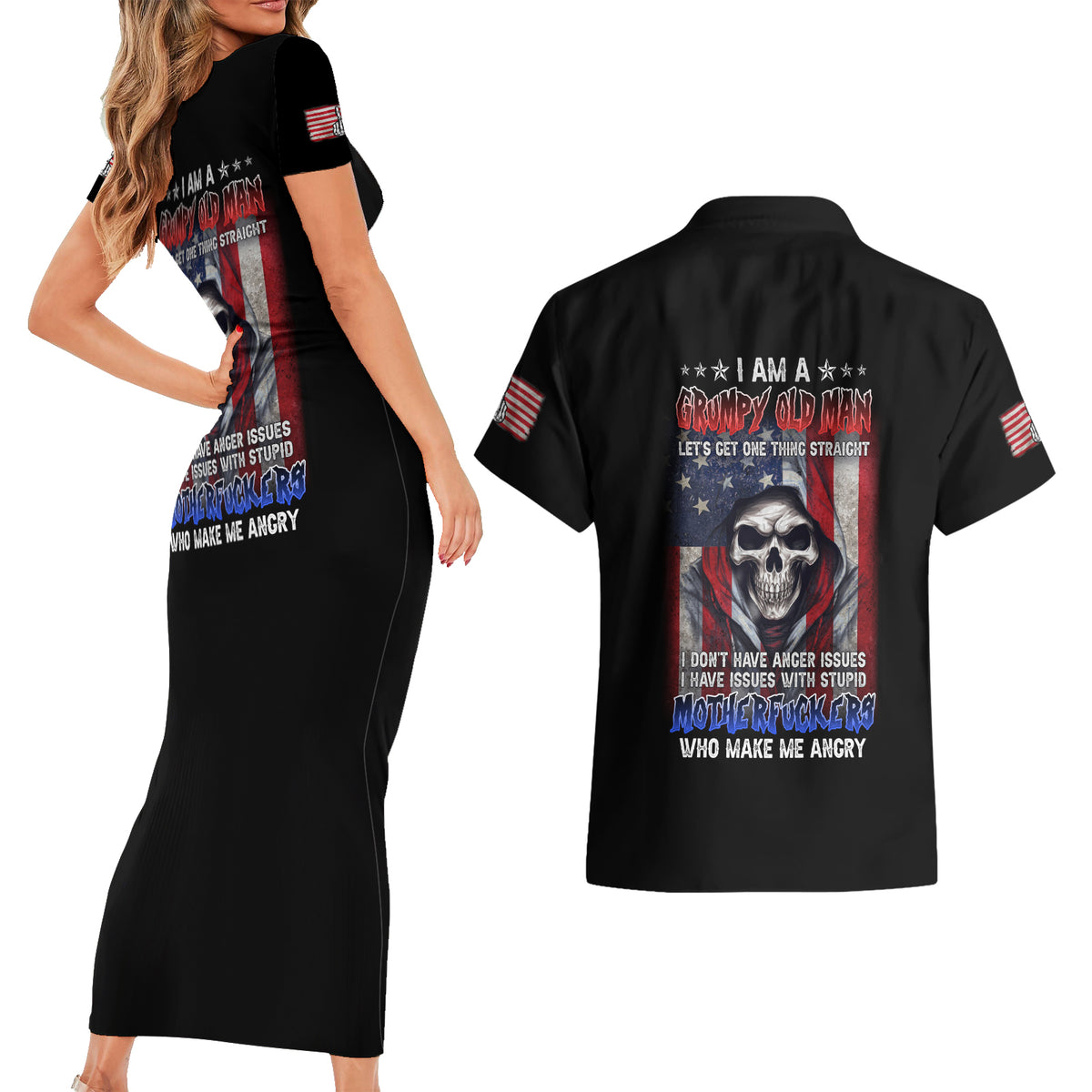 I Am A Grumpy Old Man Couples Matching Short Sleeve Bodycon Dress and Hawaiian Shirt - Wonder Print Shop