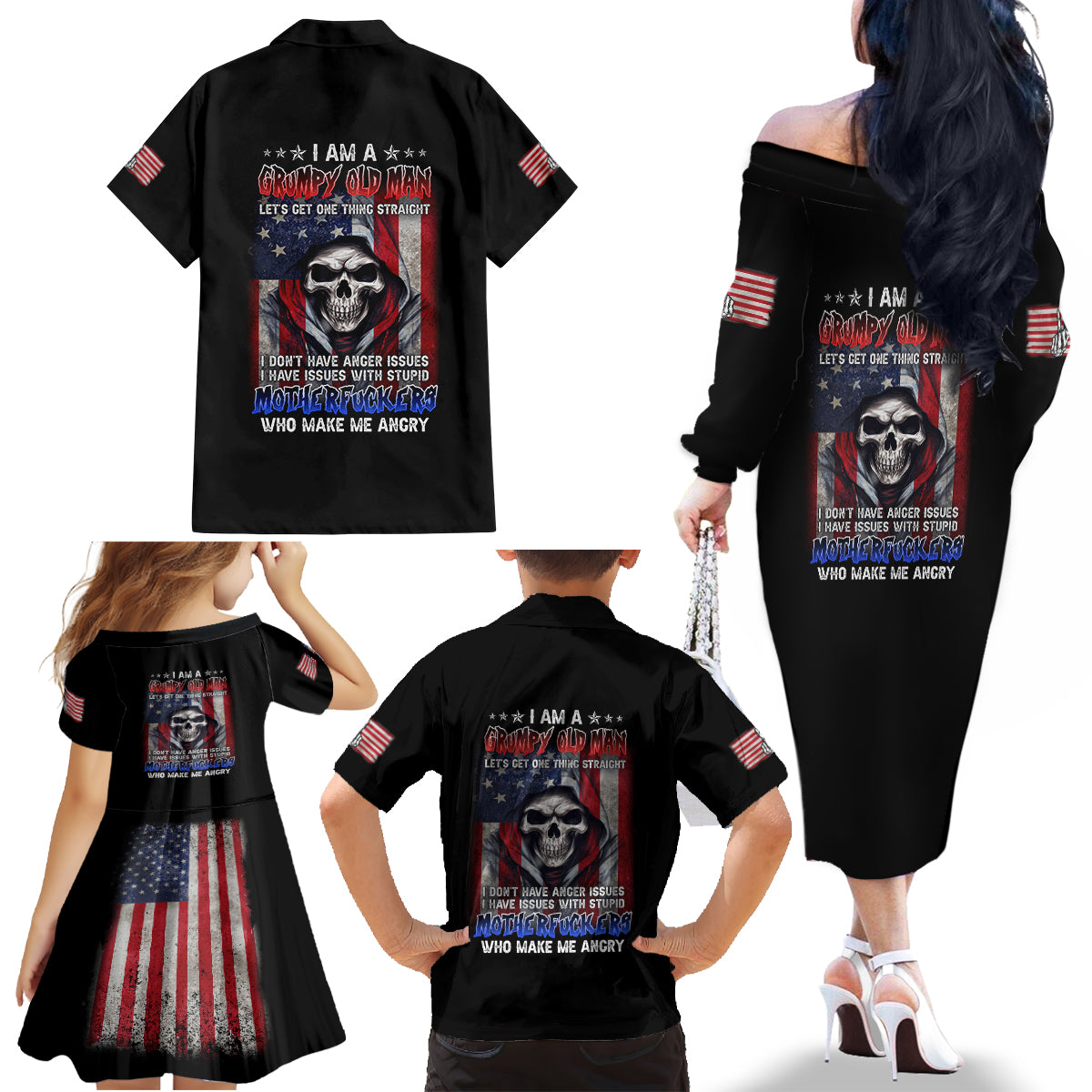 I Am A Grumpy Old Man Family Matching Off Shoulder Long Sleeve Dress and Hawaiian Shirt - Wonder Print Shop