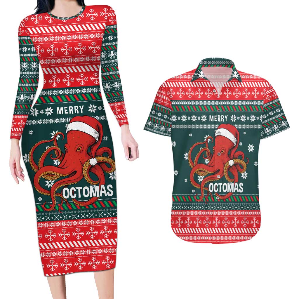 Merry Octomas Christmas Couples Matching Long Sleeve Bodycon Dress and Hawaiian Shirt Xmas Holiday Patterns - Wonder Print Shop