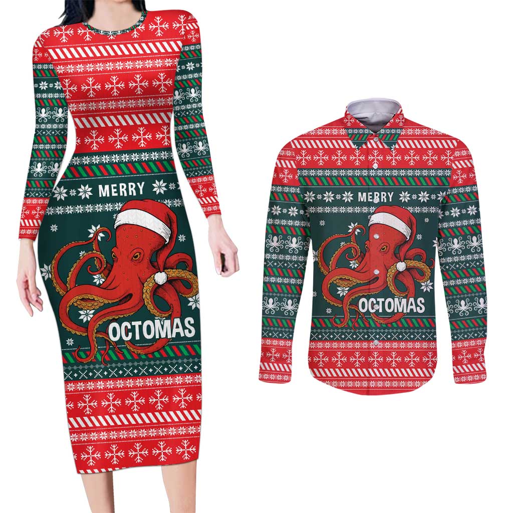 Merry Octomas Christmas Couples Matching Long Sleeve Bodycon Dress and Long Sleeve Button Shirt Xmas Holiday Patterns - Wonder Print Shop