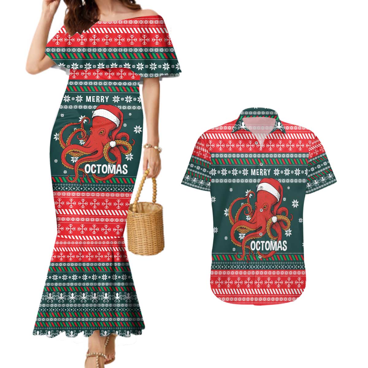 Merry Octomas Christmas Couples Matching Mermaid Dress and Hawaiian Shirt Xmas Holiday Patterns - Wonder Print Shop