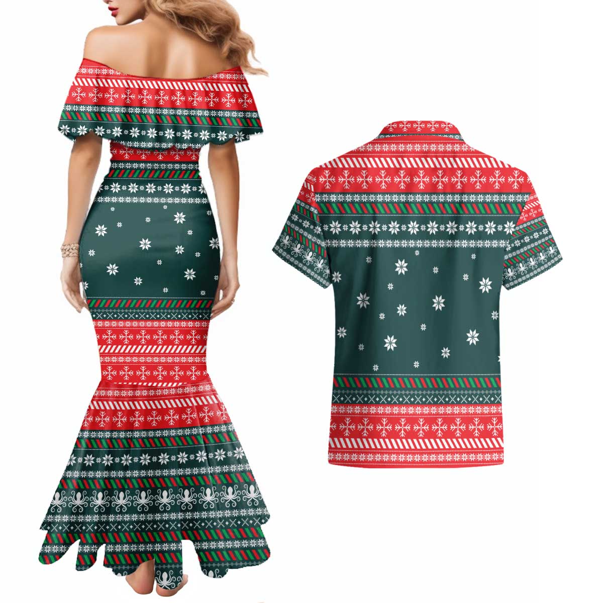 Merry Octomas Christmas Couples Matching Mermaid Dress and Hawaiian Shirt Xmas Holiday Patterns - Wonder Print Shop