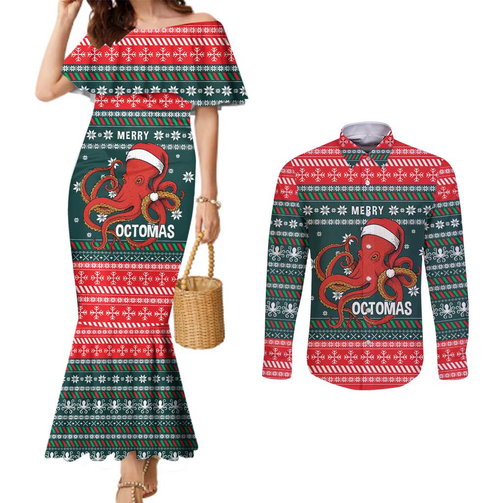 Merry Octomas Christmas Couples Matching Mermaid Dress and Long Sleeve Button Shirt Xmas Holiday Patterns - Wonder Print Shop