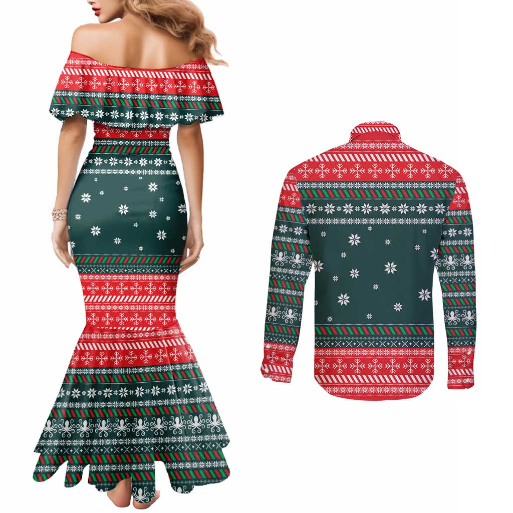 Merry Octomas Christmas Couples Matching Mermaid Dress and Long Sleeve Button Shirt Xmas Holiday Patterns - Wonder Print Shop