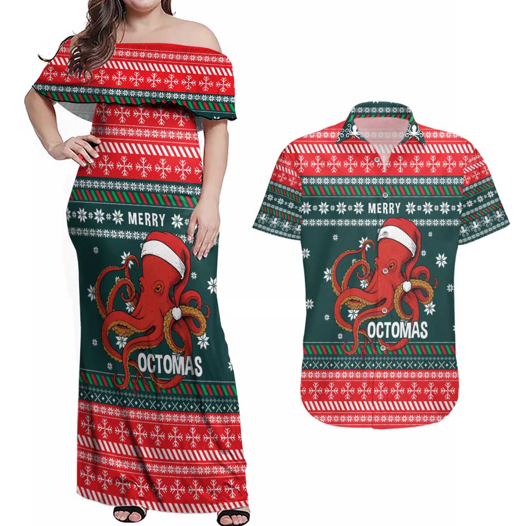 Merry Octomas Christmas Couples Matching Off Shoulder Maxi Dress and Hawaiian Shirt Xmas Holiday Patterns - Wonder Print Shop