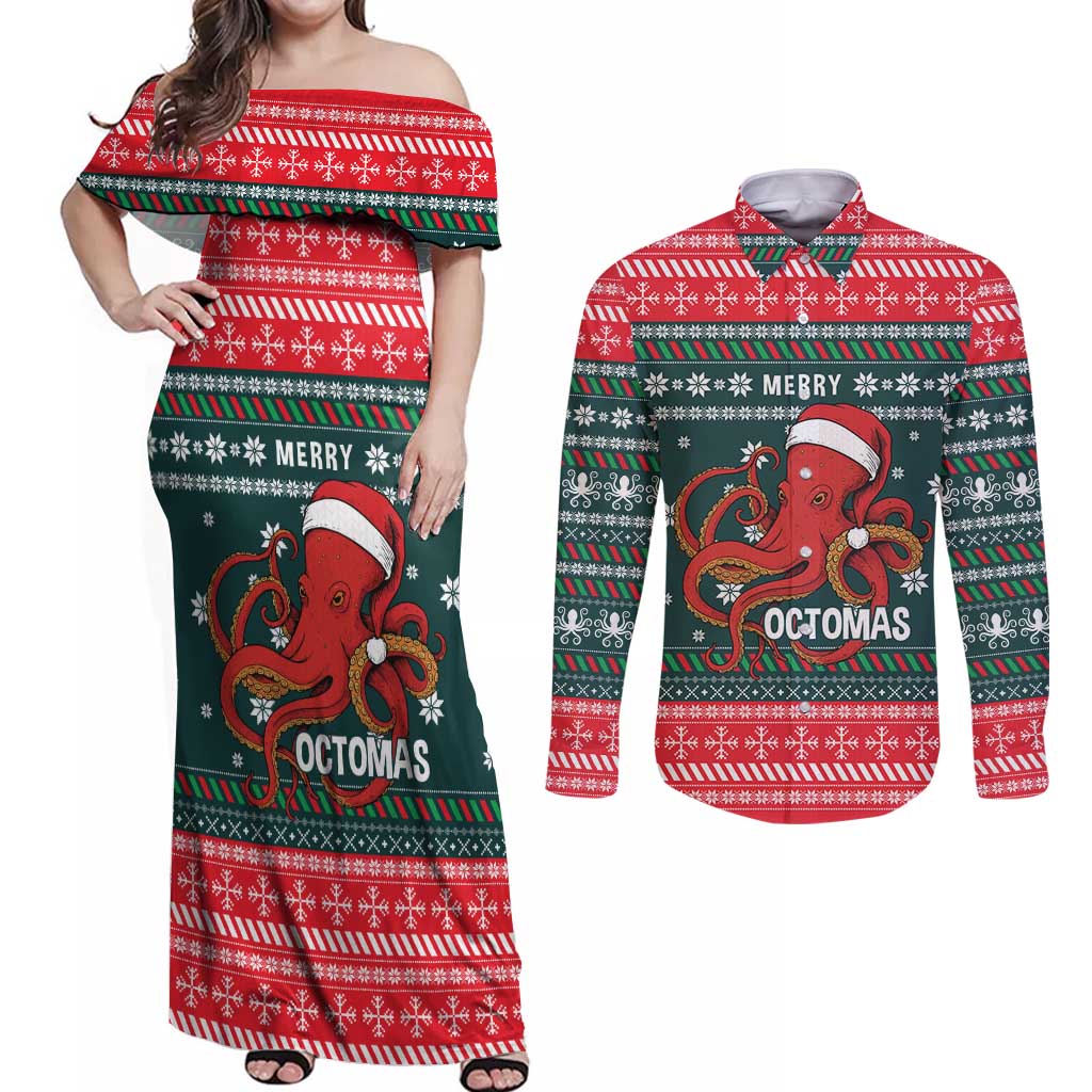 Merry Octomas Christmas Couples Matching Off Shoulder Maxi Dress and Long Sleeve Button Shirt Xmas Holiday Patterns - Wonder Print Shop