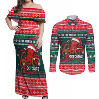 Merry Octomas Christmas Couples Matching Off Shoulder Maxi Dress and Long Sleeve Button Shirt Xmas Holiday Patterns - Wonder Print Shop