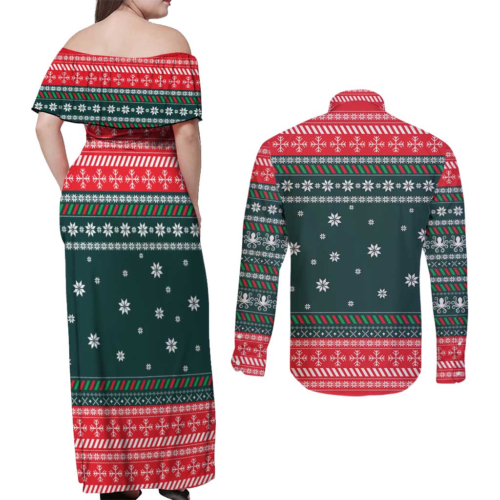 Merry Octomas Christmas Couples Matching Off Shoulder Maxi Dress and Long Sleeve Button Shirt Xmas Holiday Patterns - Wonder Print Shop
