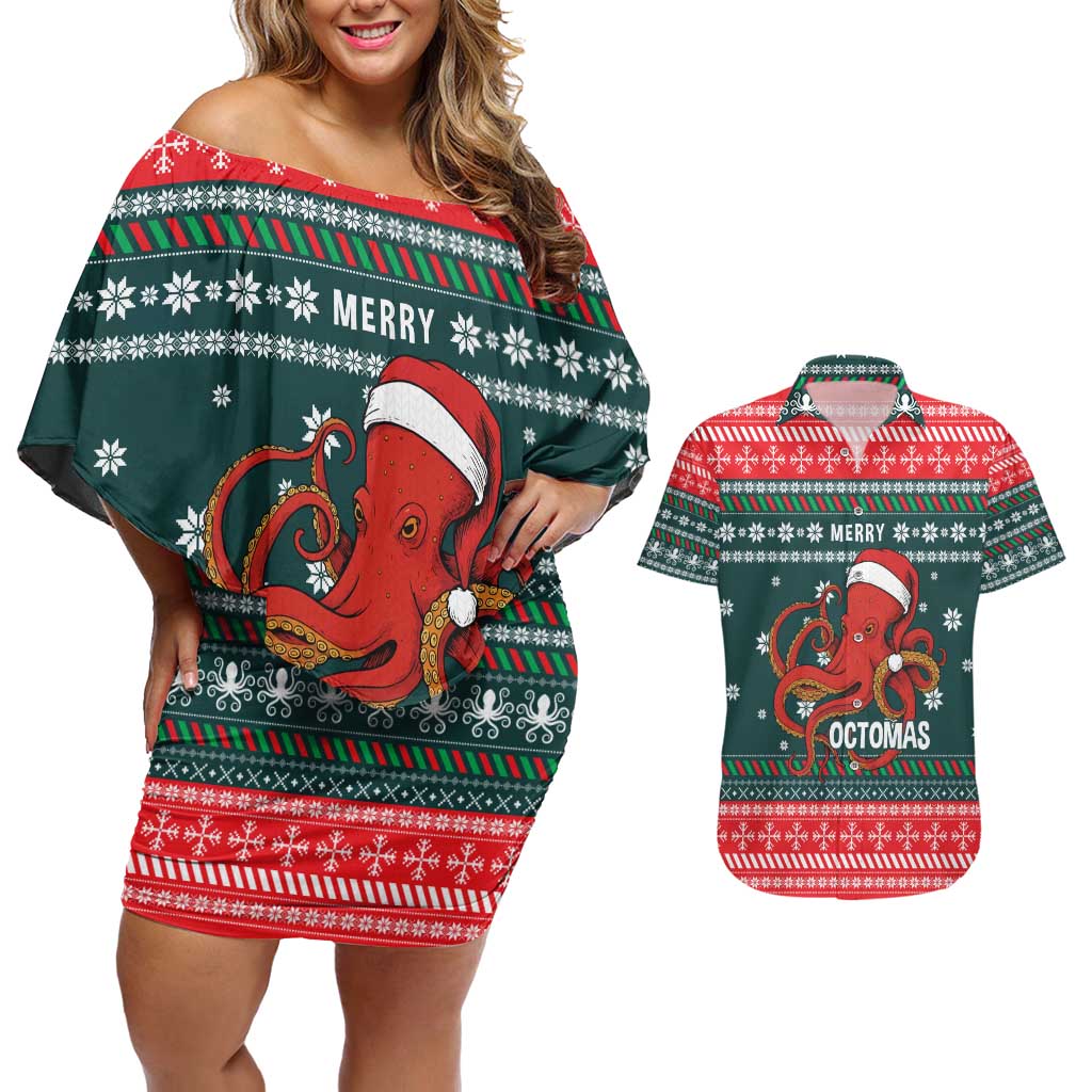 Merry Octomas Christmas Couples Matching Off Shoulder Short Dress and Hawaiian Shirt Xmas Holiday Patterns - Wonder Print Shop