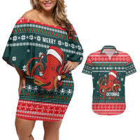 Merry Octomas Christmas Couples Matching Off Shoulder Short Dress and Hawaiian Shirt Xmas Holiday Patterns - Wonder Print Shop