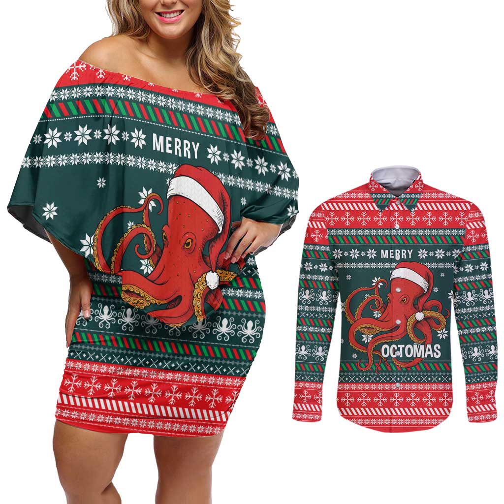Merry Octomas Christmas Couples Matching Off Shoulder Short Dress and Long Sleeve Button Shirt Xmas Holiday Patterns - Wonder Print Shop