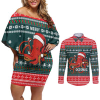 Merry Octomas Christmas Couples Matching Off Shoulder Short Dress and Long Sleeve Button Shirt Xmas Holiday Patterns - Wonder Print Shop