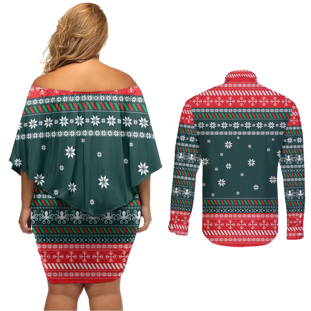 Merry Octomas Christmas Couples Matching Off Shoulder Short Dress and Long Sleeve Button Shirt Xmas Holiday Patterns - Wonder Print Shop