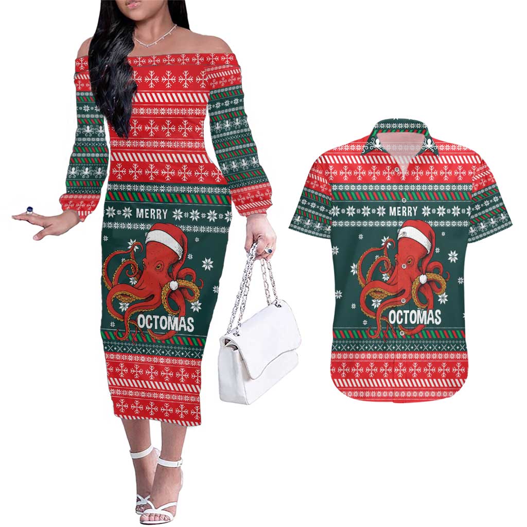Merry Octomas Christmas Couples Matching Off The Shoulder Long Sleeve Dress and Hawaiian Shirt Xmas Holiday Patterns - Wonder Print Shop