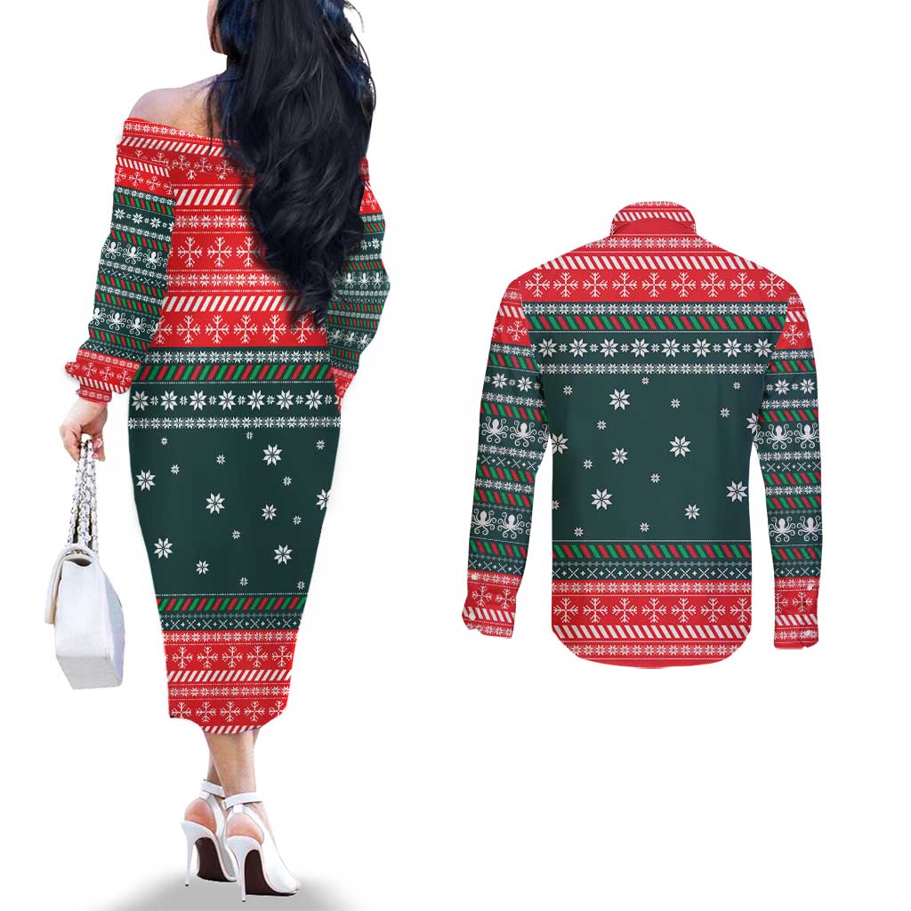 Merry Octomas Christmas Couples Matching Off The Shoulder Long Sleeve Dress and Long Sleeve Button Shirt Xmas Holiday Patterns - Wonder Print Shop