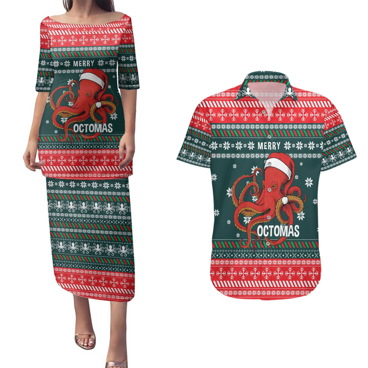 Merry Octomas Christmas Couples Matching Puletasi and Hawaiian Shirt Xmas Holiday Patterns - Wonder Print Shop