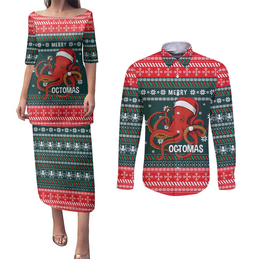Merry Octomas Christmas Couples Matching Puletasi and Long Sleeve Button Shirt Xmas Holiday Patterns - Wonder Print Shop