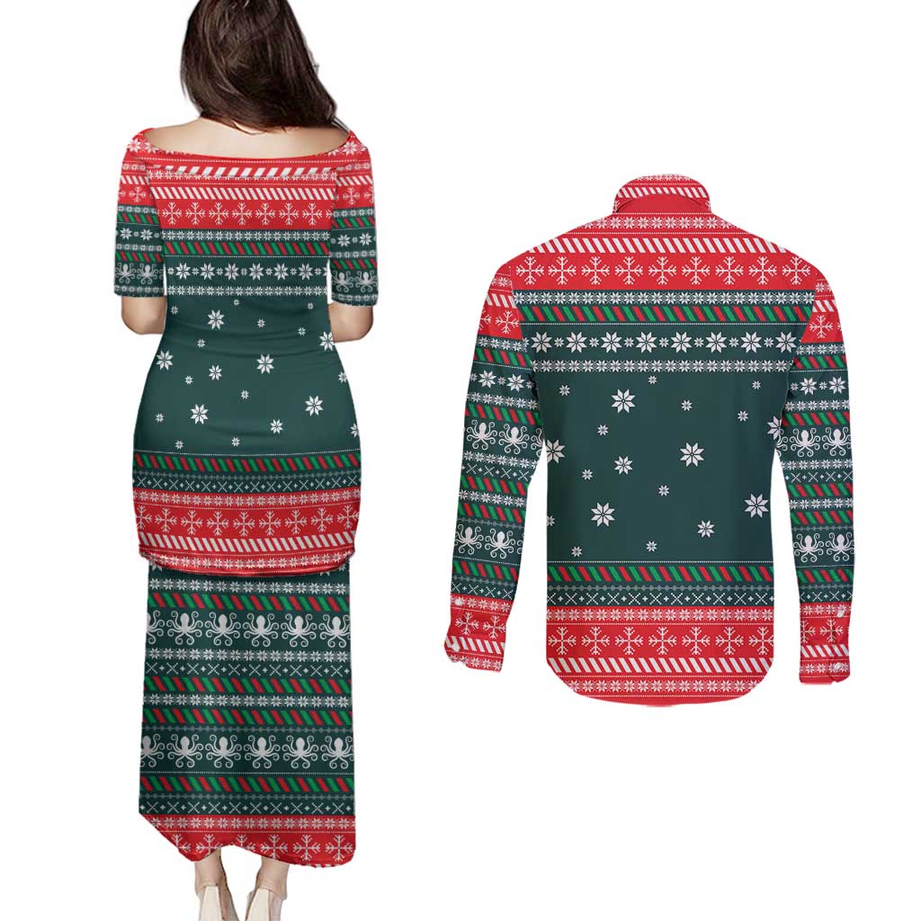 Merry Octomas Christmas Couples Matching Puletasi and Long Sleeve Button Shirt Xmas Holiday Patterns - Wonder Print Shop