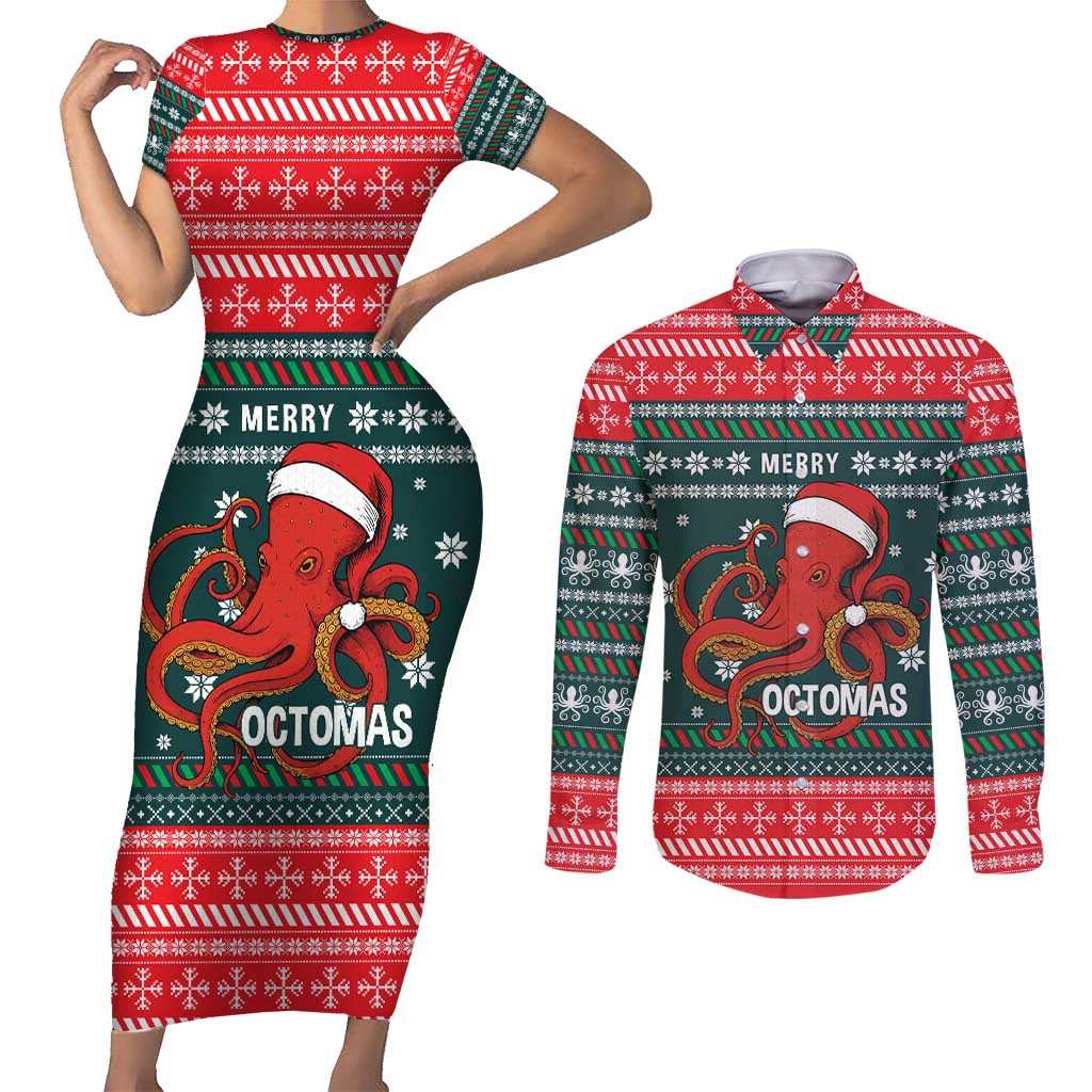 Merry Octomas Christmas Couples Matching Short Sleeve Bodycon Dress and Long Sleeve Button Shirt Xmas Holiday Patterns - Wonder Print Shop