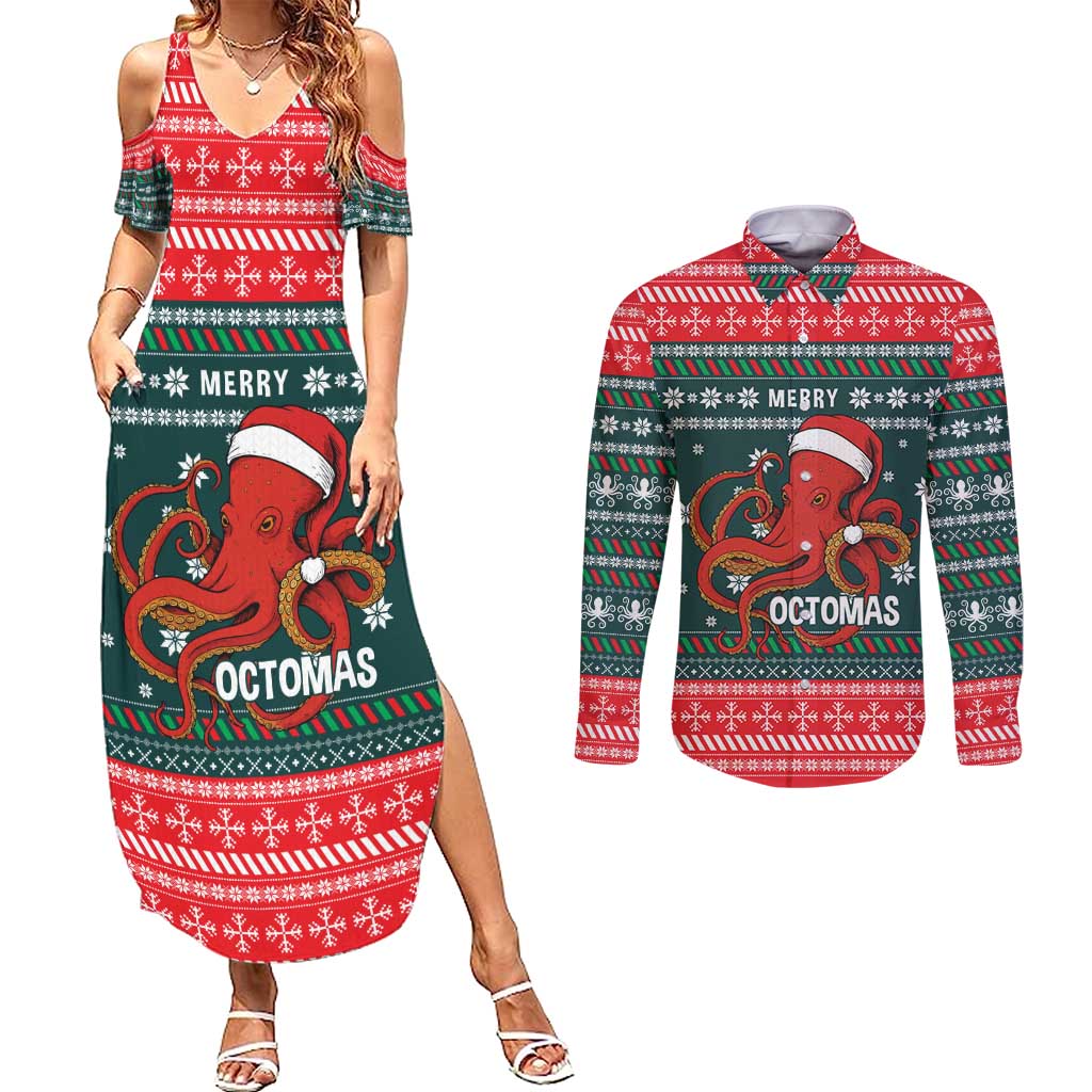 Merry Octomas Christmas Couples Matching Summer Maxi Dress and Long Sleeve Button Shirt Xmas Holiday Patterns - Wonder Print Shop