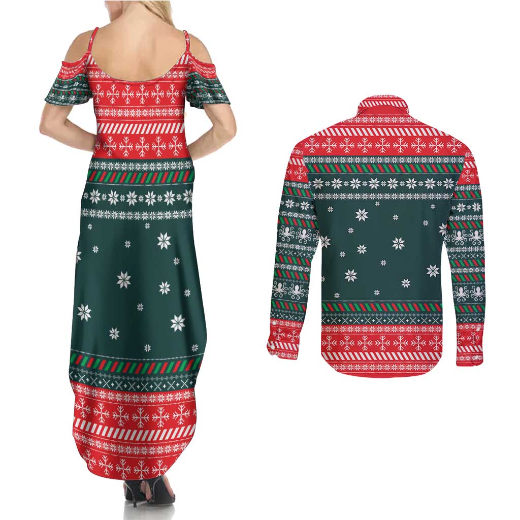 Merry Octomas Christmas Couples Matching Summer Maxi Dress and Long Sleeve Button Shirt Xmas Holiday Patterns - Wonder Print Shop