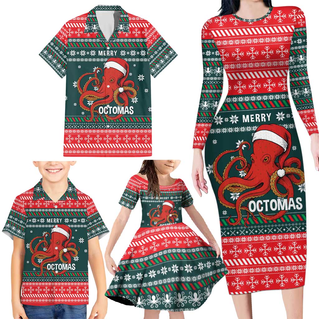 Merry Octomas Christmas Family Matching Long Sleeve Bodycon Dress and Hawaiian Shirt Xmas Holiday Patterns - Wonder Print Shop