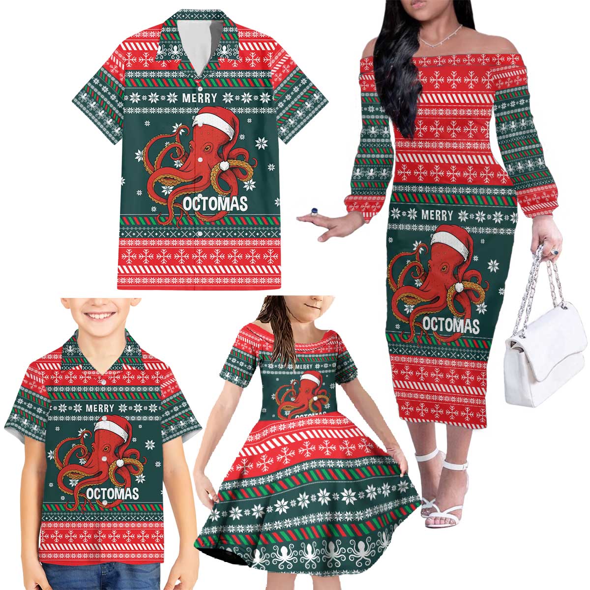 Merry Octomas Christmas Family Matching Off The Shoulder Long Sleeve Dress and Hawaiian Shirt Xmas Holiday Patterns - Wonder Print Shop