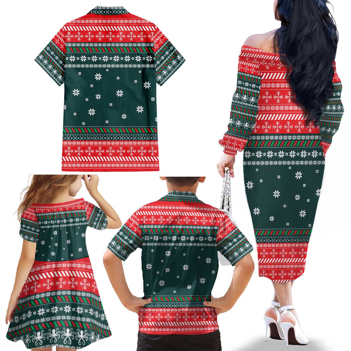 Merry Octomas Christmas Family Matching Off The Shoulder Long Sleeve Dress and Hawaiian Shirt Xmas Holiday Patterns - Wonder Print Shop