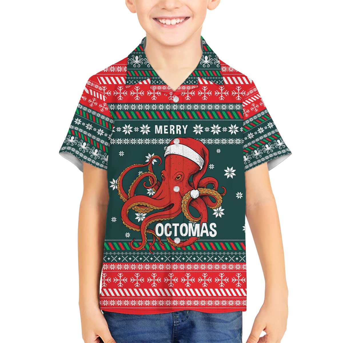 Merry Octomas Christmas Family Matching Off The Shoulder Long Sleeve Dress and Hawaiian Shirt Xmas Holiday Patterns - Wonder Print Shop